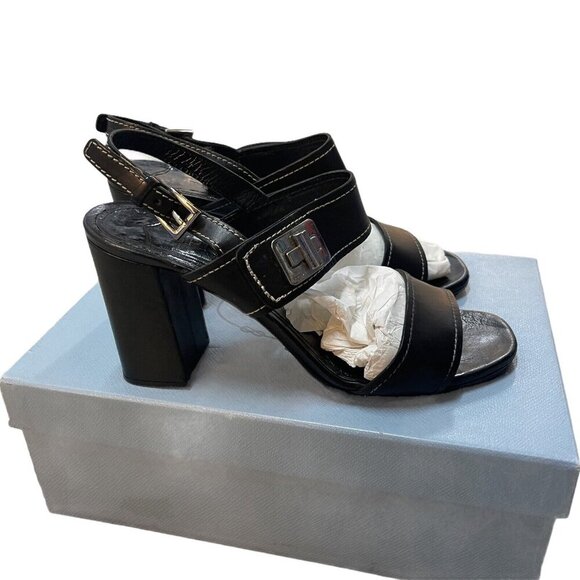 Prada Size 39.5 Leather Turnlock Slingback Sandals Black Block Heel Minimalist - Picture 2 of 15